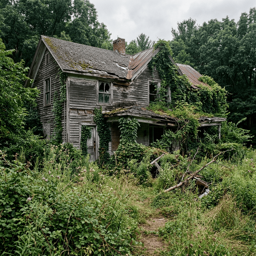 Old abandoned wooden house covered in vines and surrounded by overgrown plants